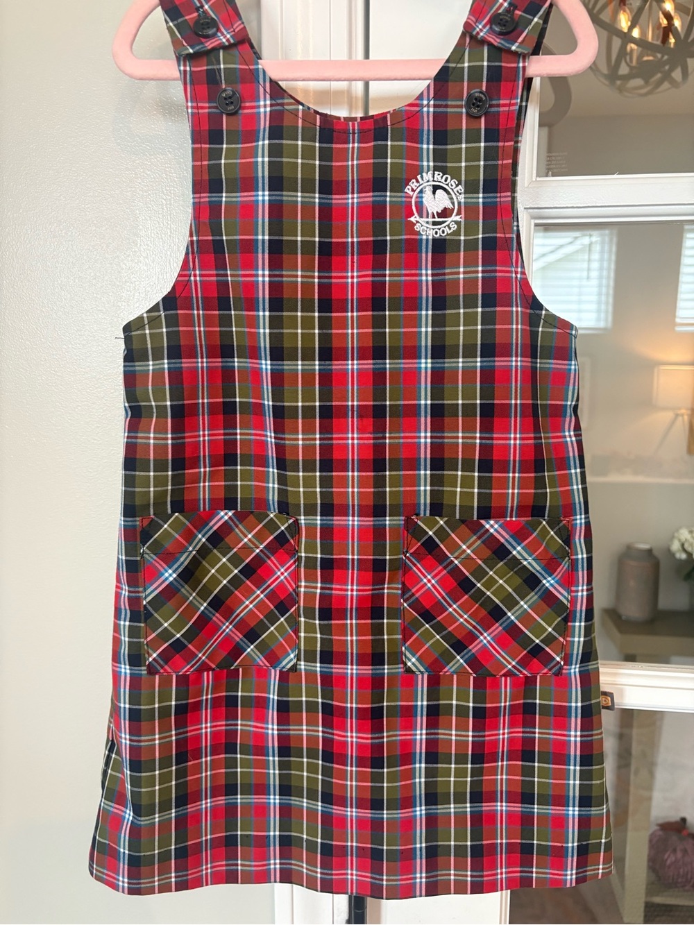 Primrose Schools Girls' Plaid Pinafore Dress - Red & Green